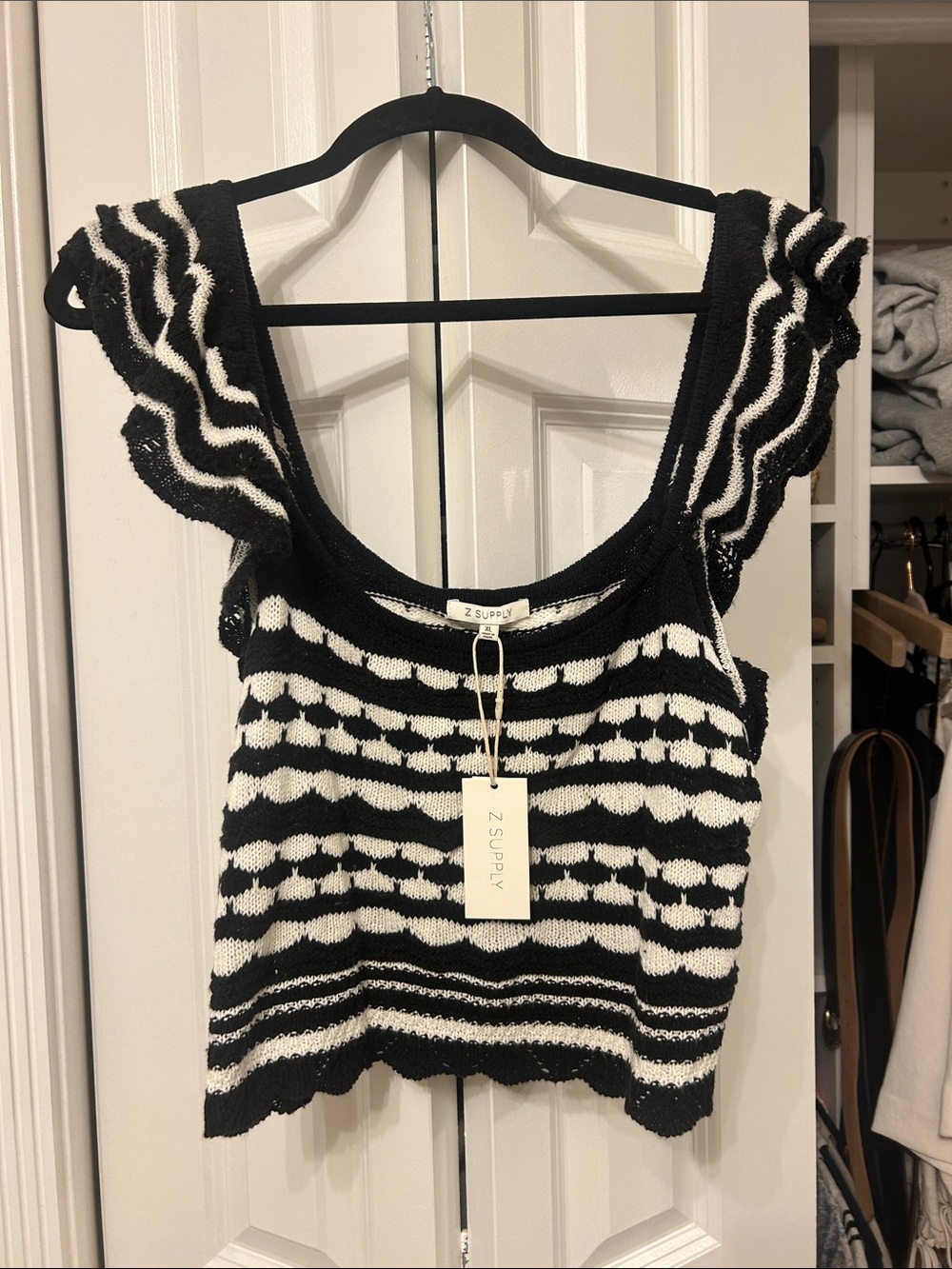 Z supply Black & White Knit Ruffle Strap Crop Top